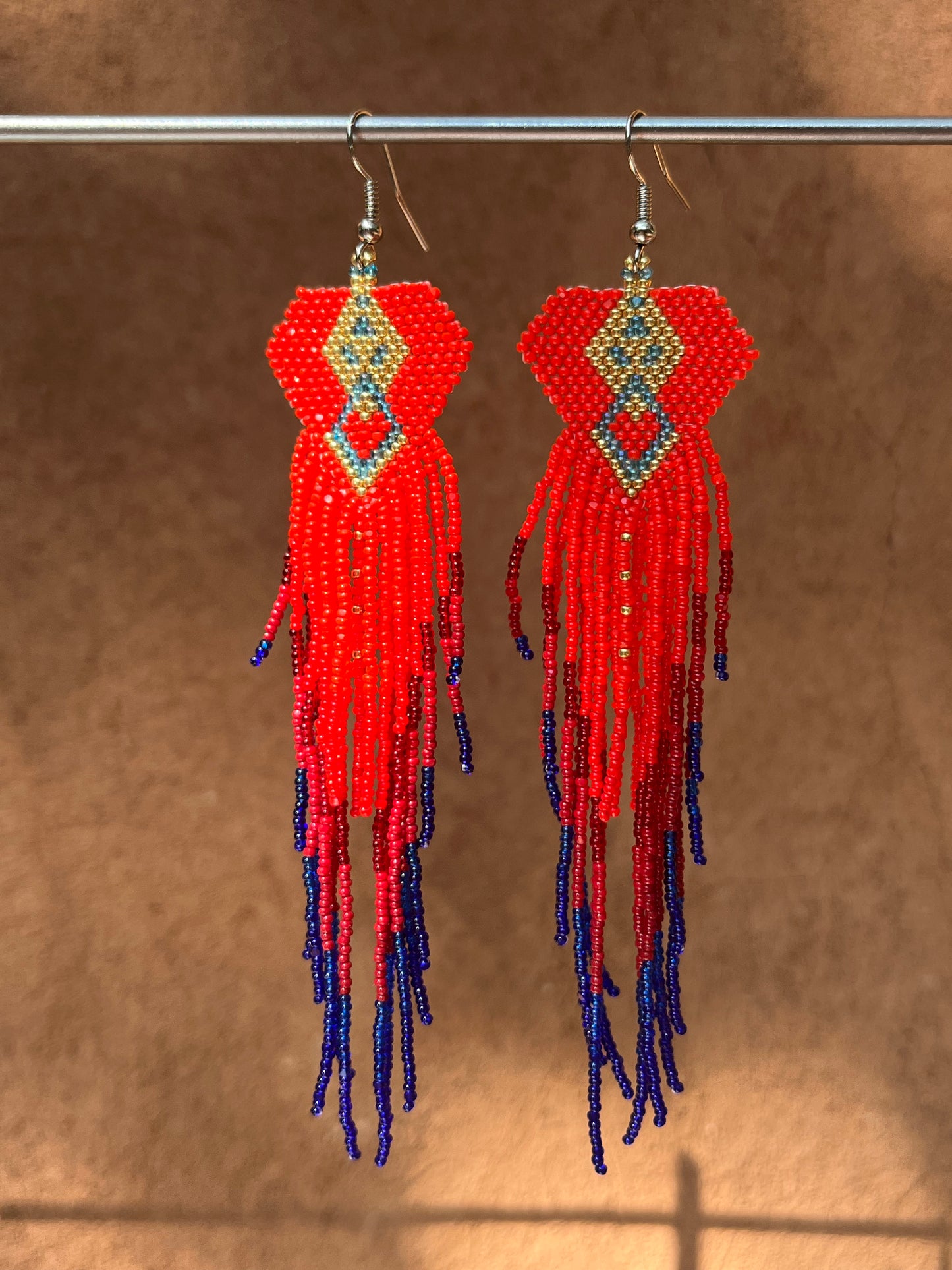 Beaded Fringe Earrings ~ red and blue