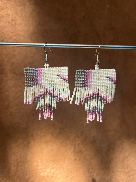 Beaded Fringe Earrings ~ White, pink and grey