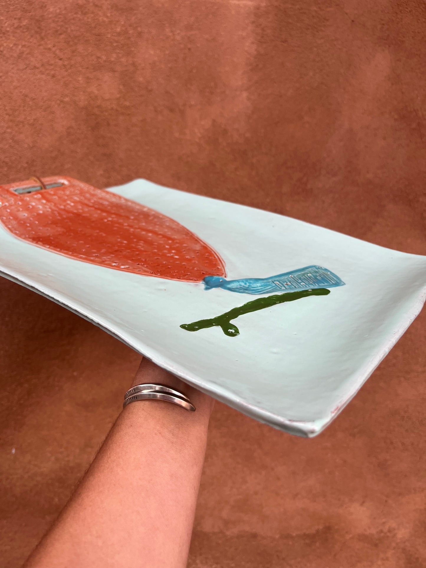 Oval Platter with Handle ~ teal ~ multicolored