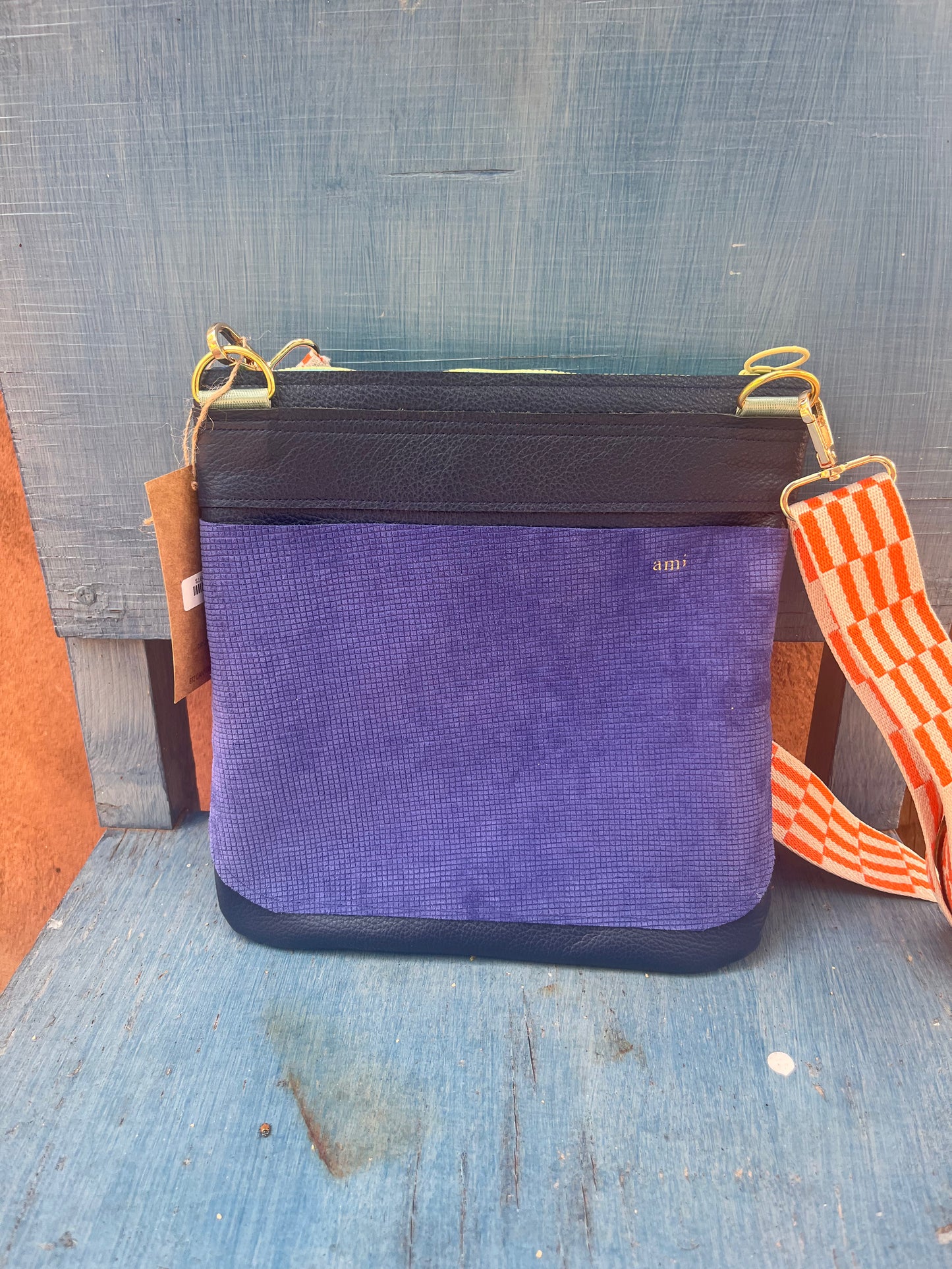 Crossbody Bag ~ Orange, blue and purple leather ~ double zip
