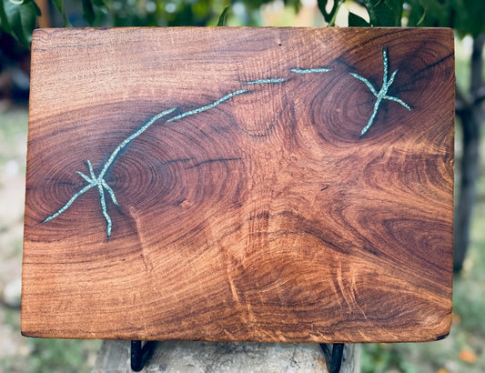 Velvet mesquite charcuterie board with Kingman turquoise inlay