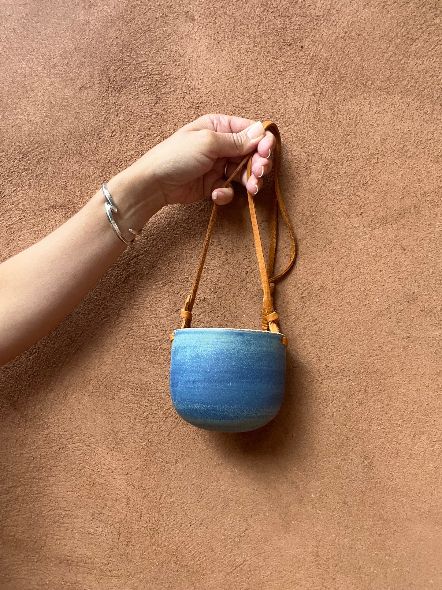 Hanging Speckled Planters ~ stoneware & Leather