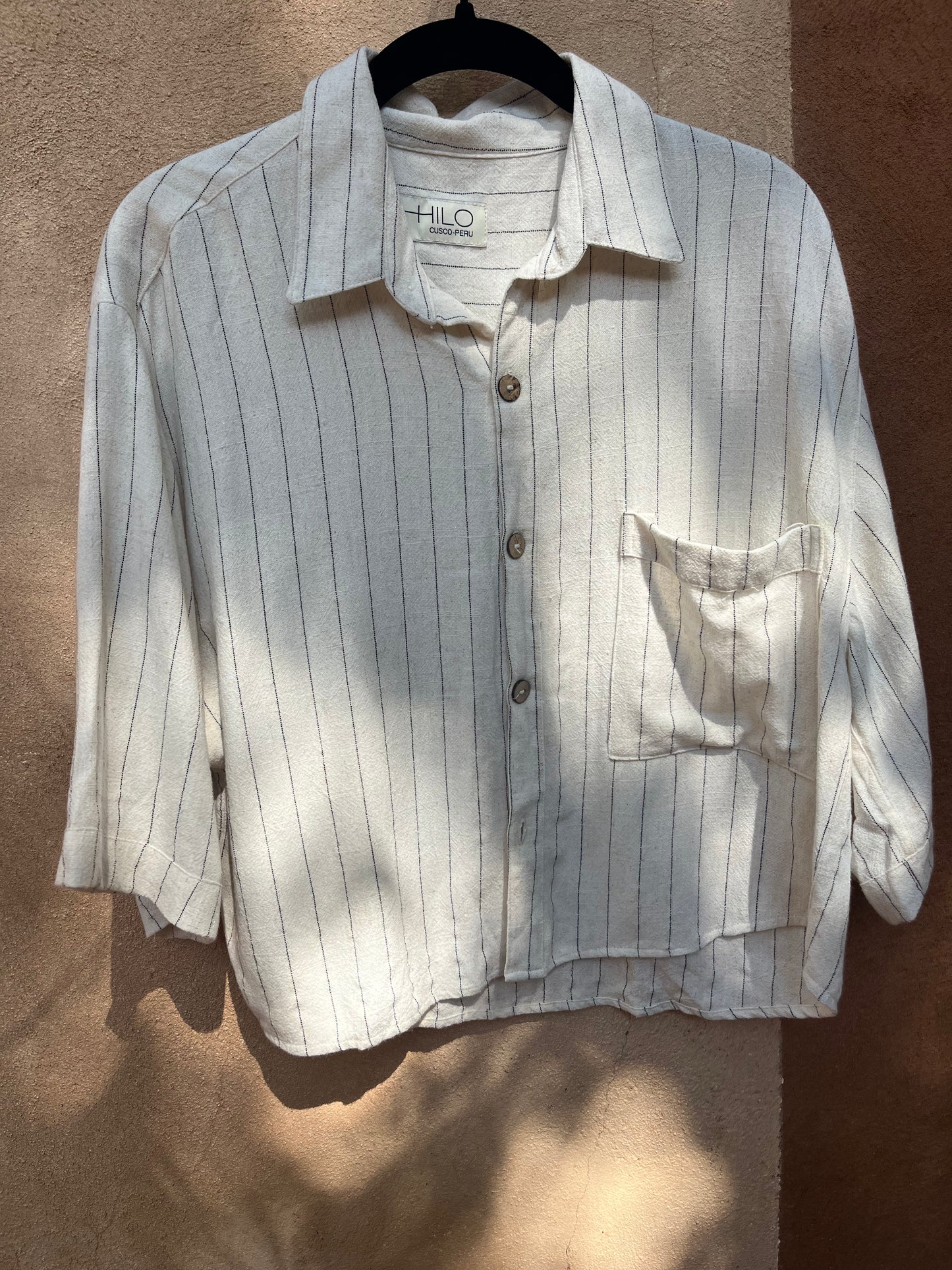 Boxy Cropped Shirt - White & black pinstripe Linen