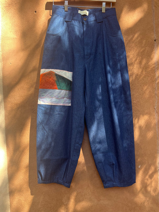 High Waisted Barrel Pants - blue denim with patch