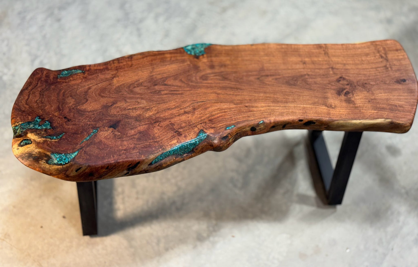 Live edge mesquite banco inlaid with Peruvian turquoise