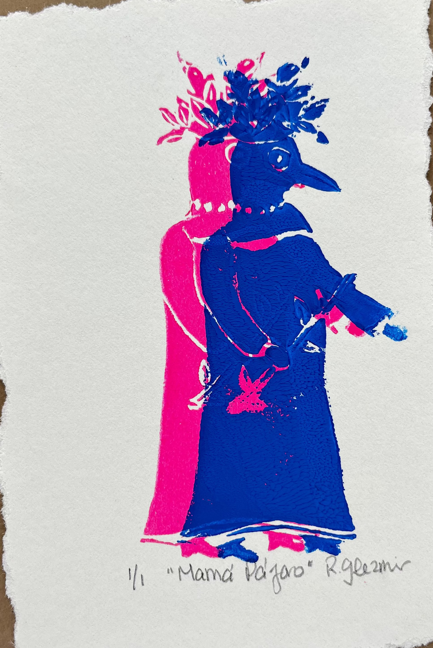 "Mama Pajaro" - Linocut Print 5x7 - Pink & blue