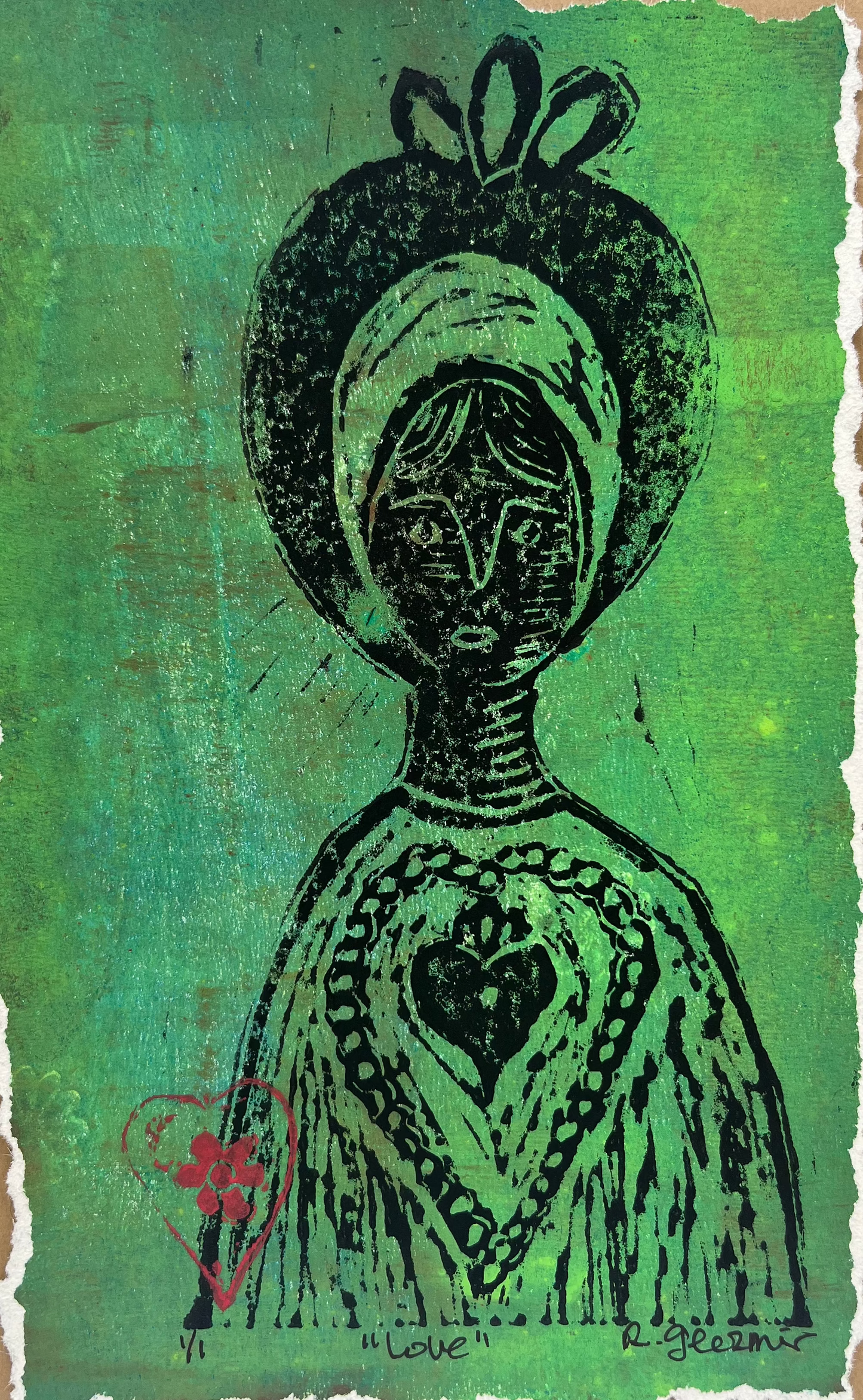 "Love" - Linocut Print 5x7 - Green