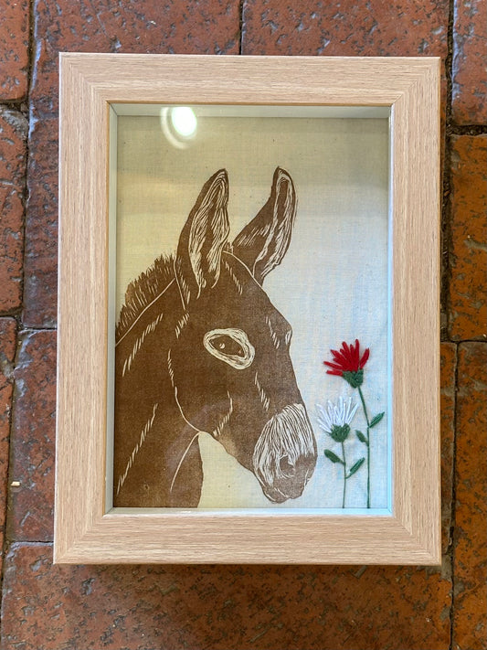 Shadow box ~ mule printed on fabric with hand embroidery ~ red & white flowers