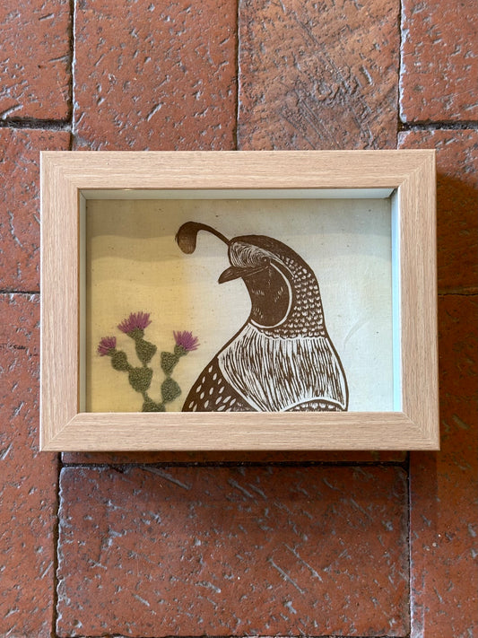 Shadow box ~ quail printed on fabric with hand embroidery