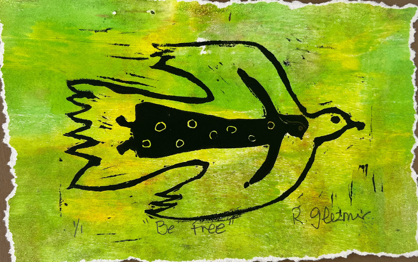 "Be Free" - Linocut Print 5x7 - Green and yellow