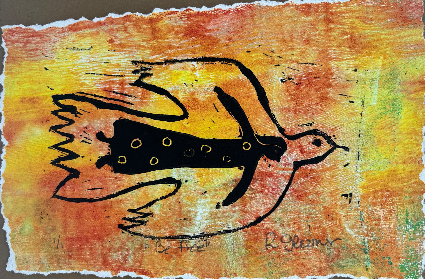"Be Free" - Linocut Print 5x7 - Yellow & orange