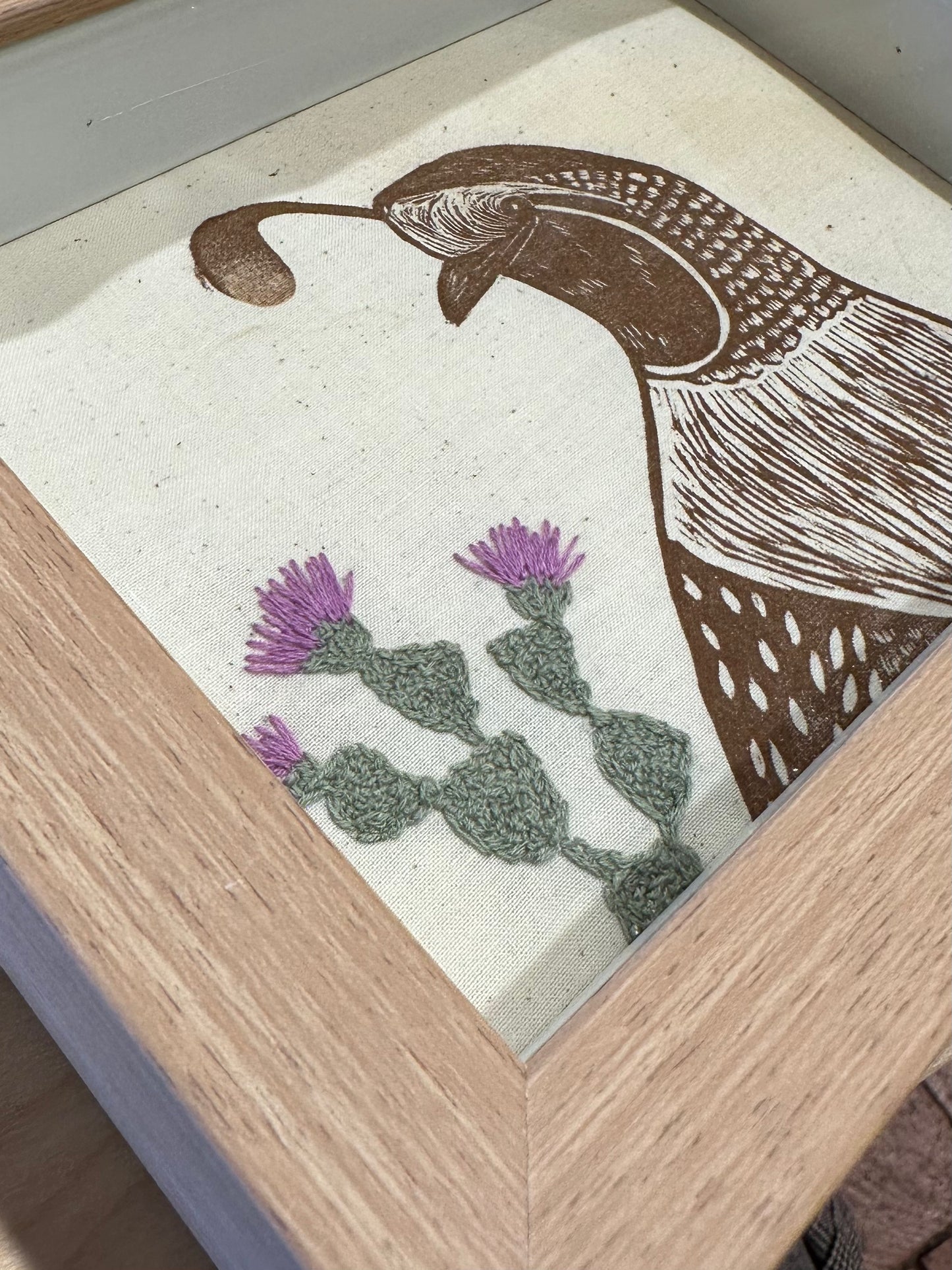 Shadow box ~ quail printed on fabric with hand embroidery