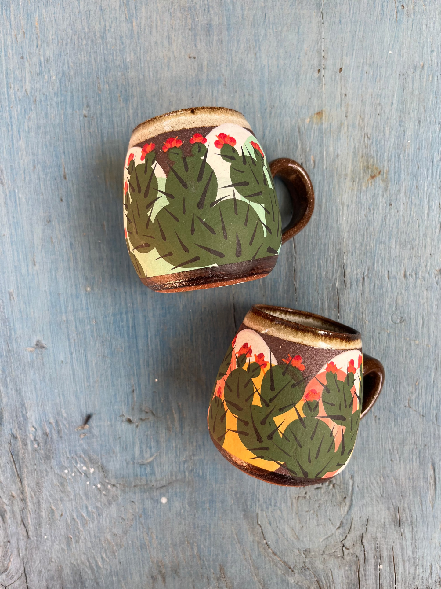 Stoneware espresso mugs ~ hand painted Prickly pear ~ 2 colors