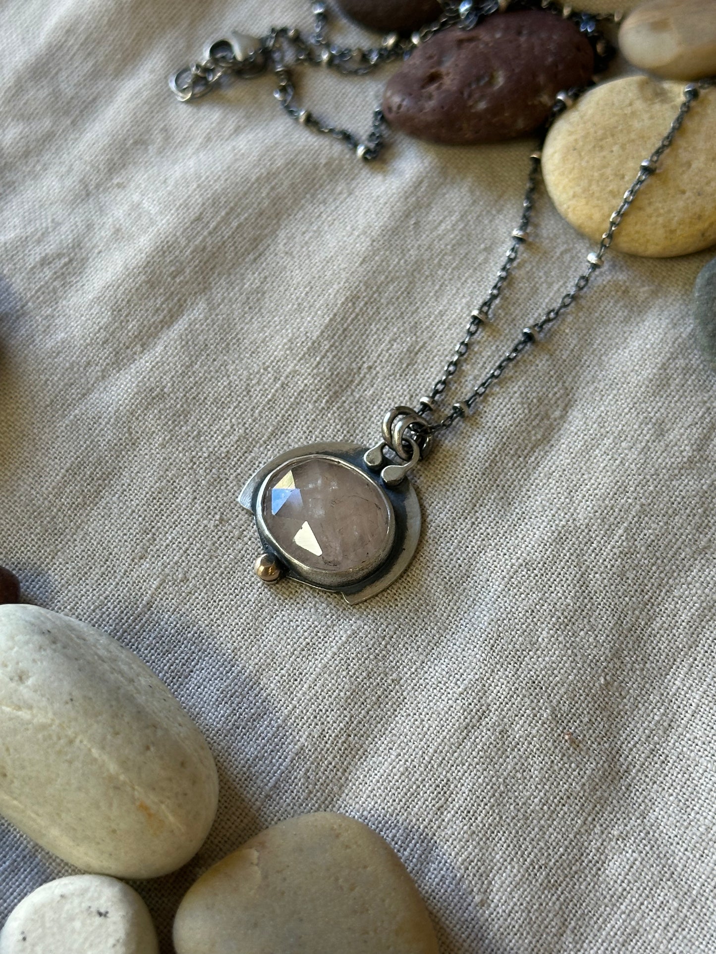 Rose quartz Stone Sunset Necklace ~ Sterling Silver and bronze