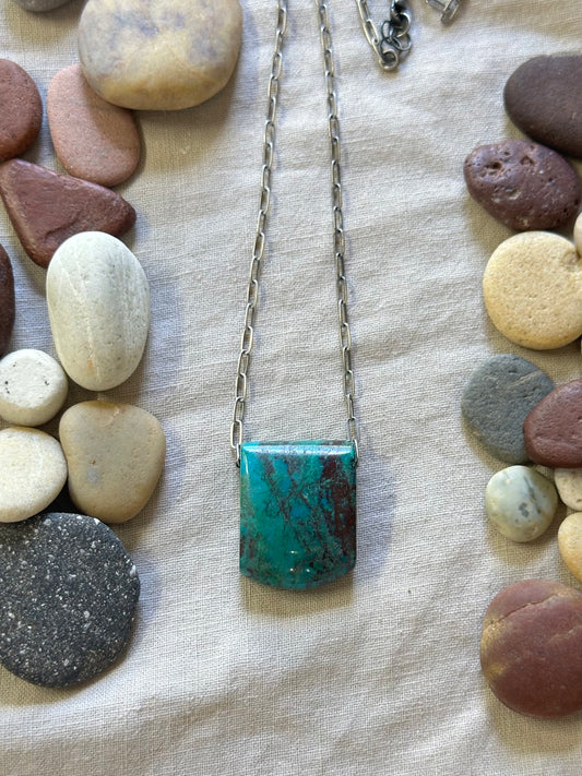 Pierced Hubei Turquoise Pendant Necklace - Sterling Silver long chain