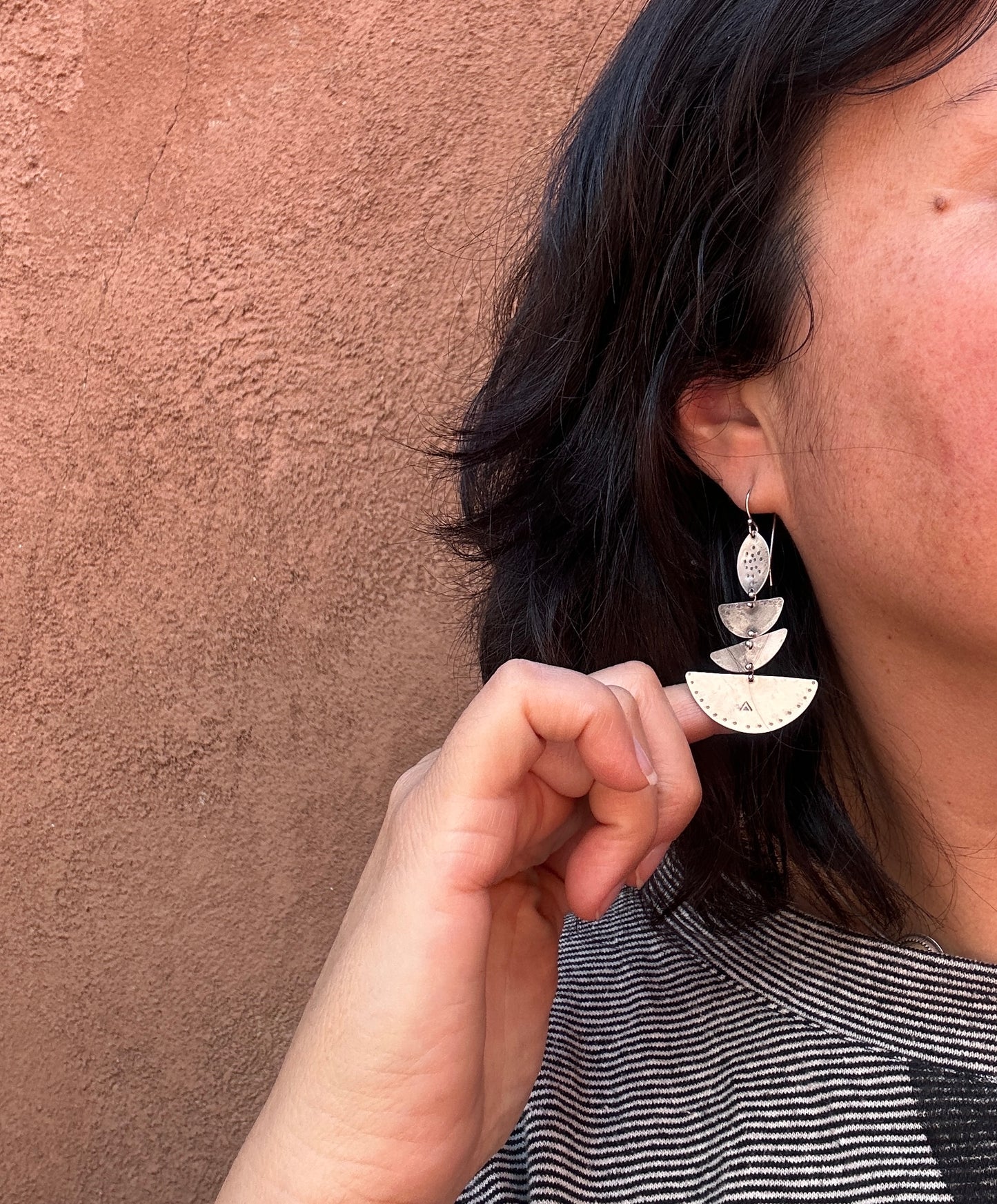 Semi circles Long Dangle Earrings - Sterling Silver