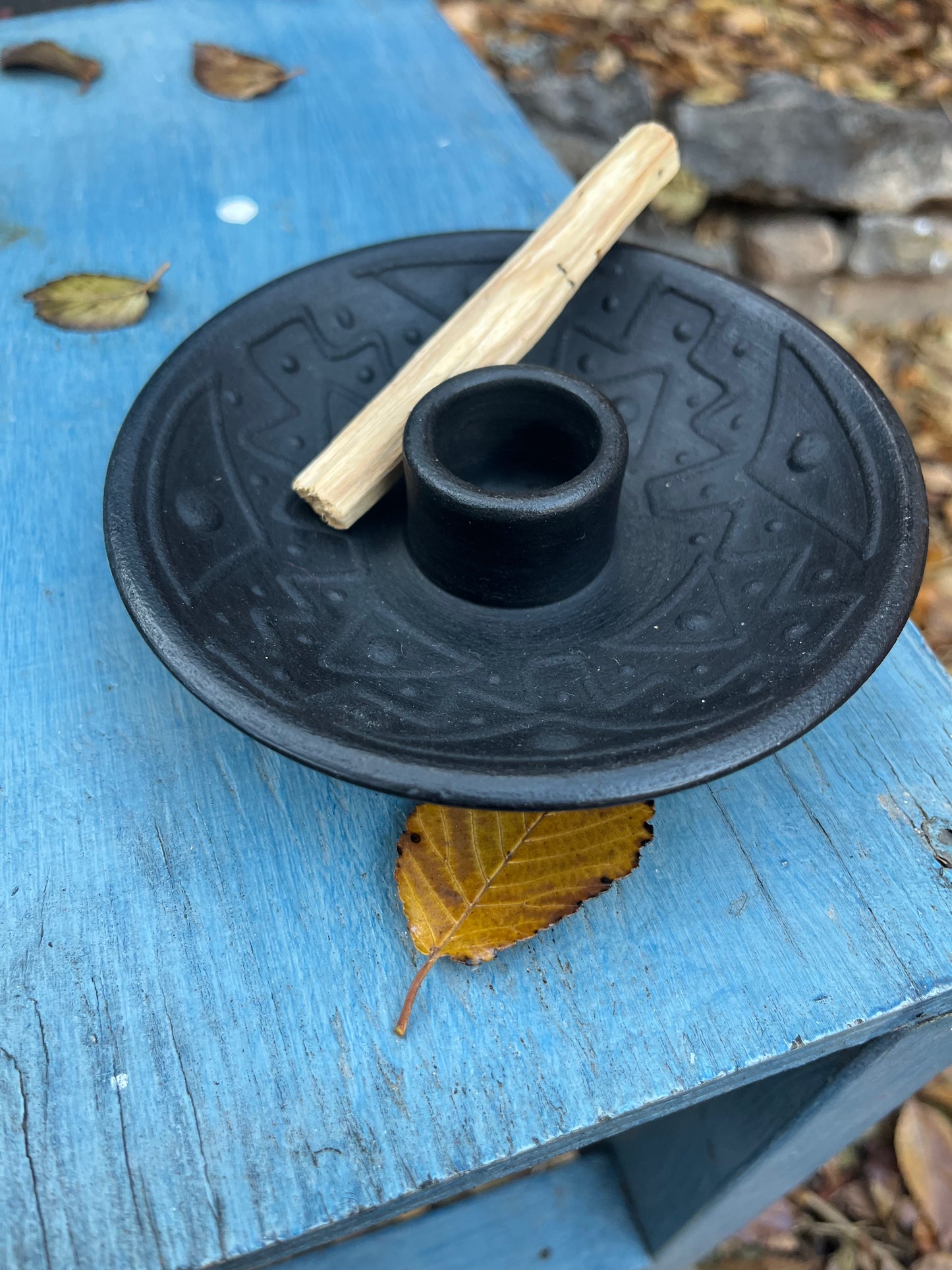 Chulucanas Ceramic Incense Holder ~ Black Matte ~ Geometric