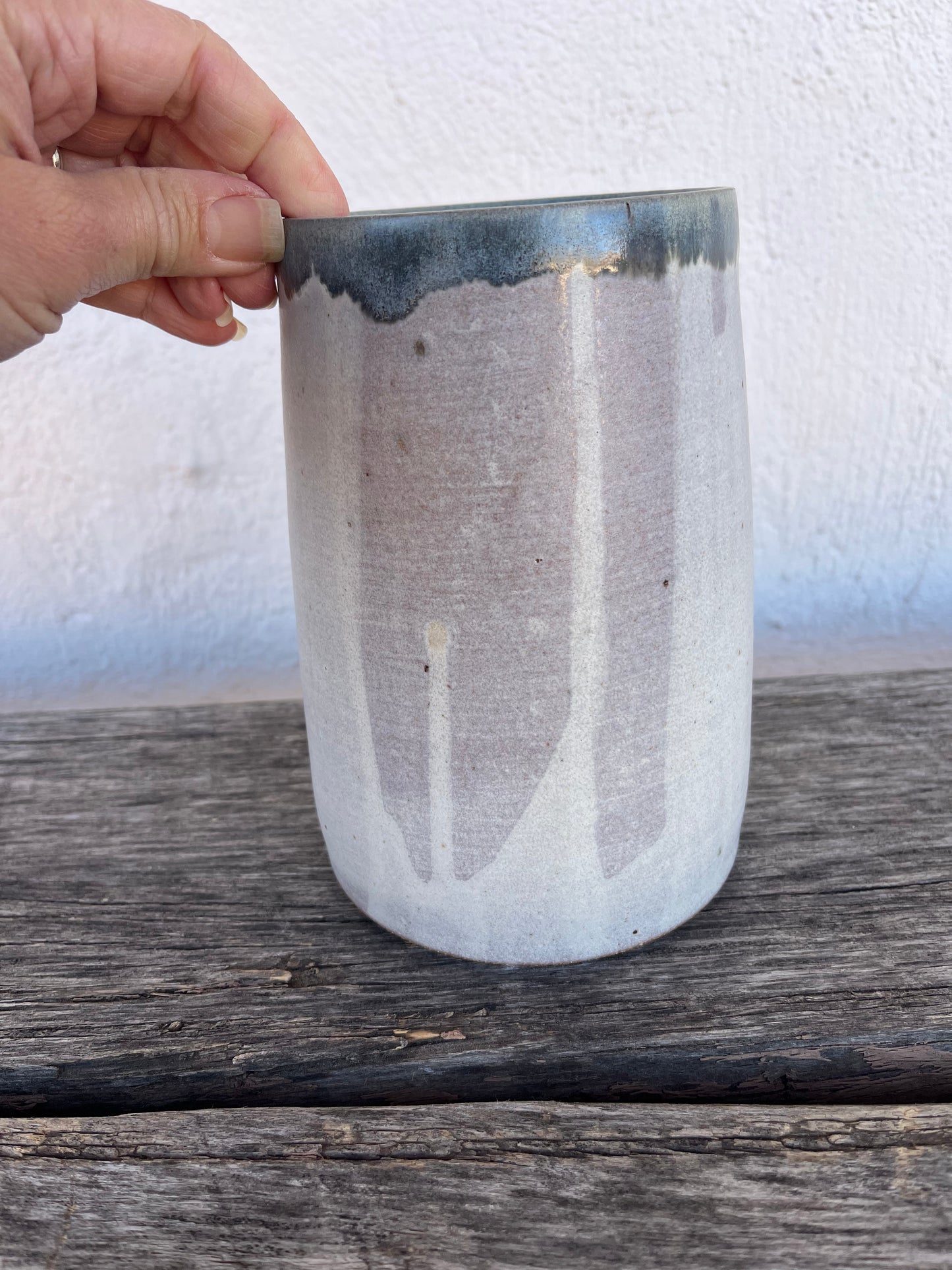 Off white vase with cobalt green interior - Stoneware