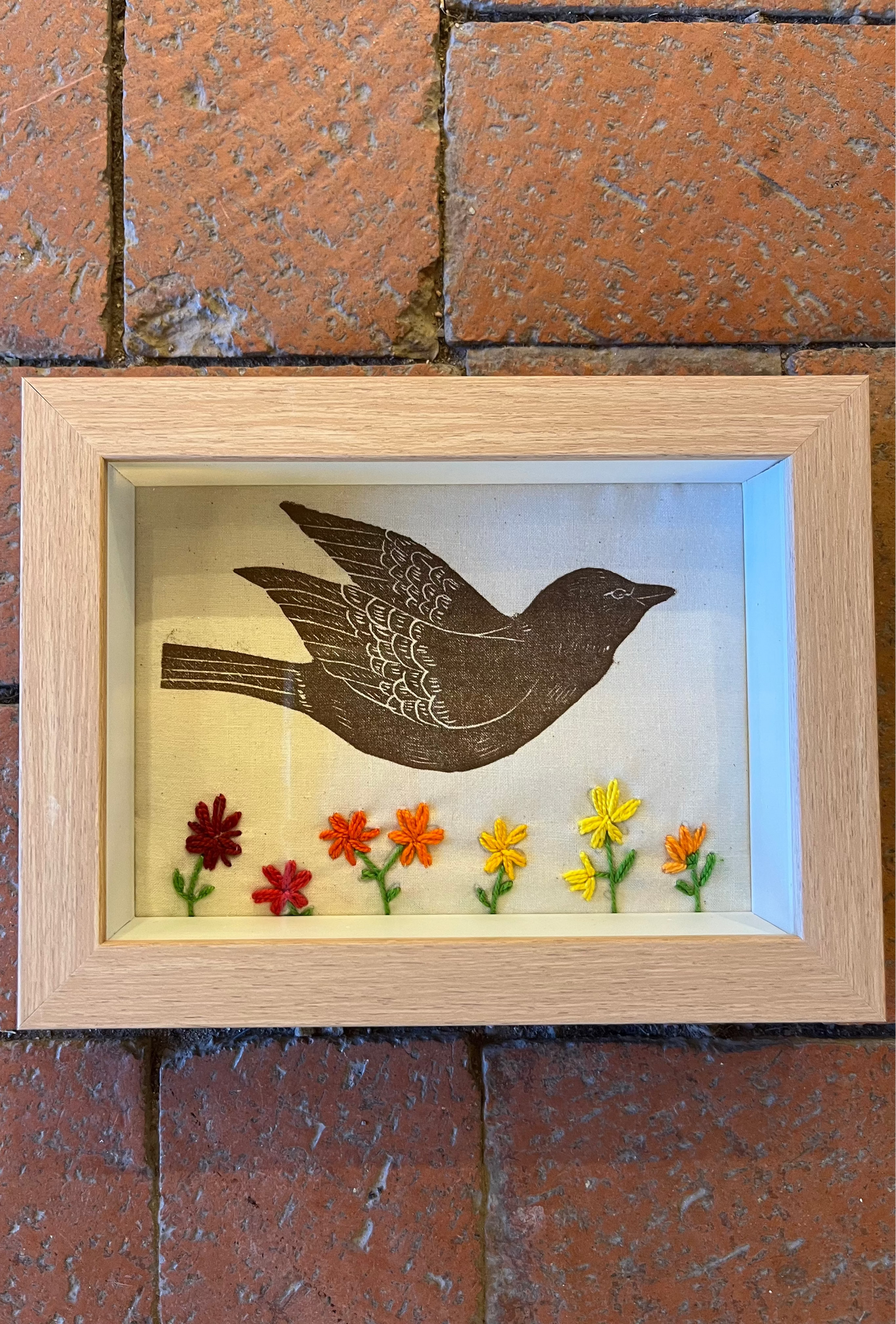 Shadow box ~ Bird flying printed on fabric with hand embroidery ~ multicolor flowers