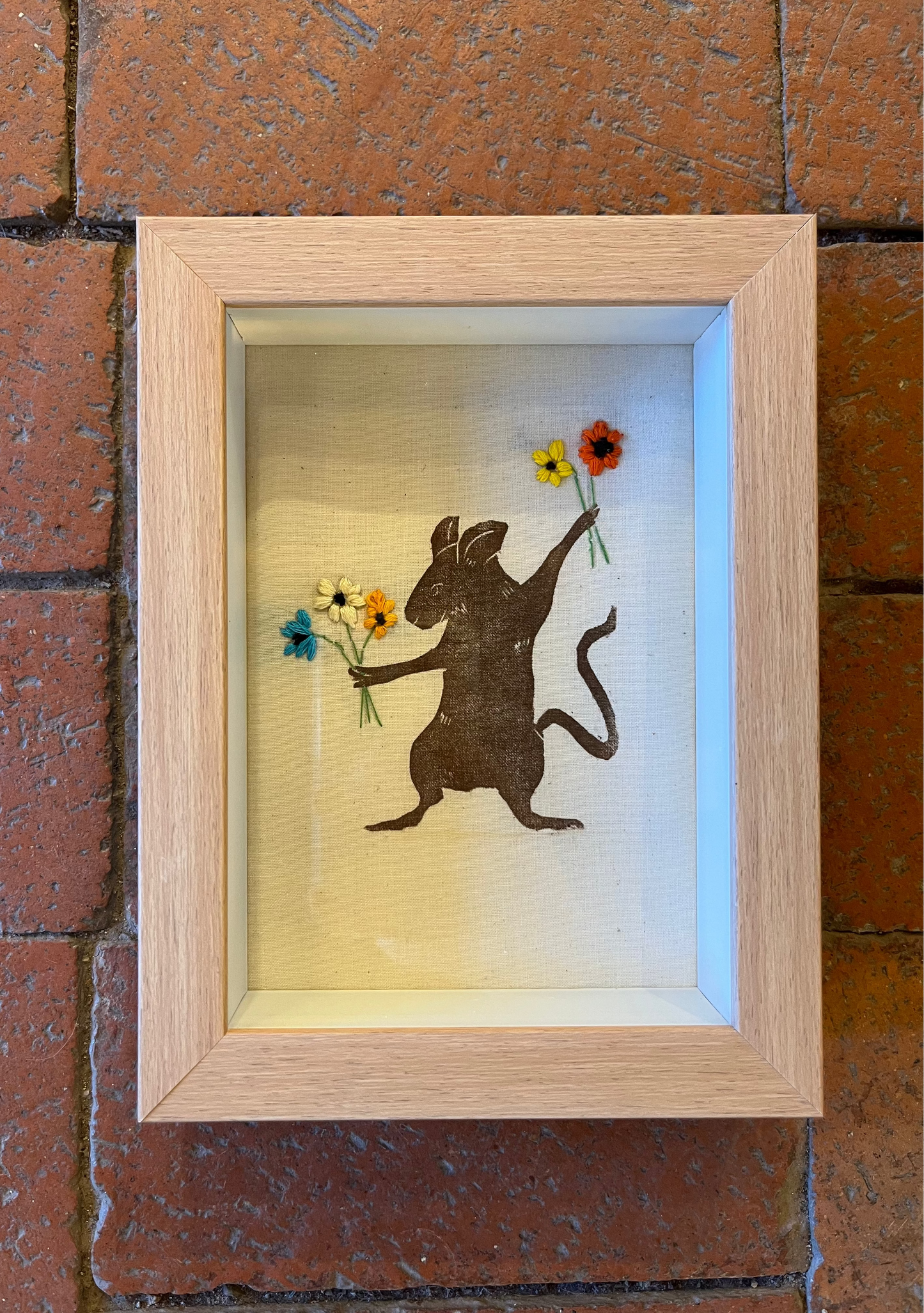 Shadow box ~ Mouse holding flowers - print on fabric with hand embroidery