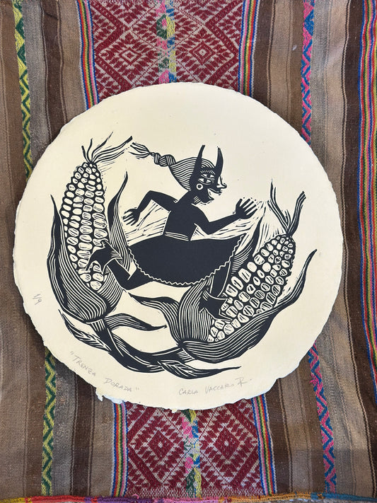 Trenza Dorada - Linocut Round Print