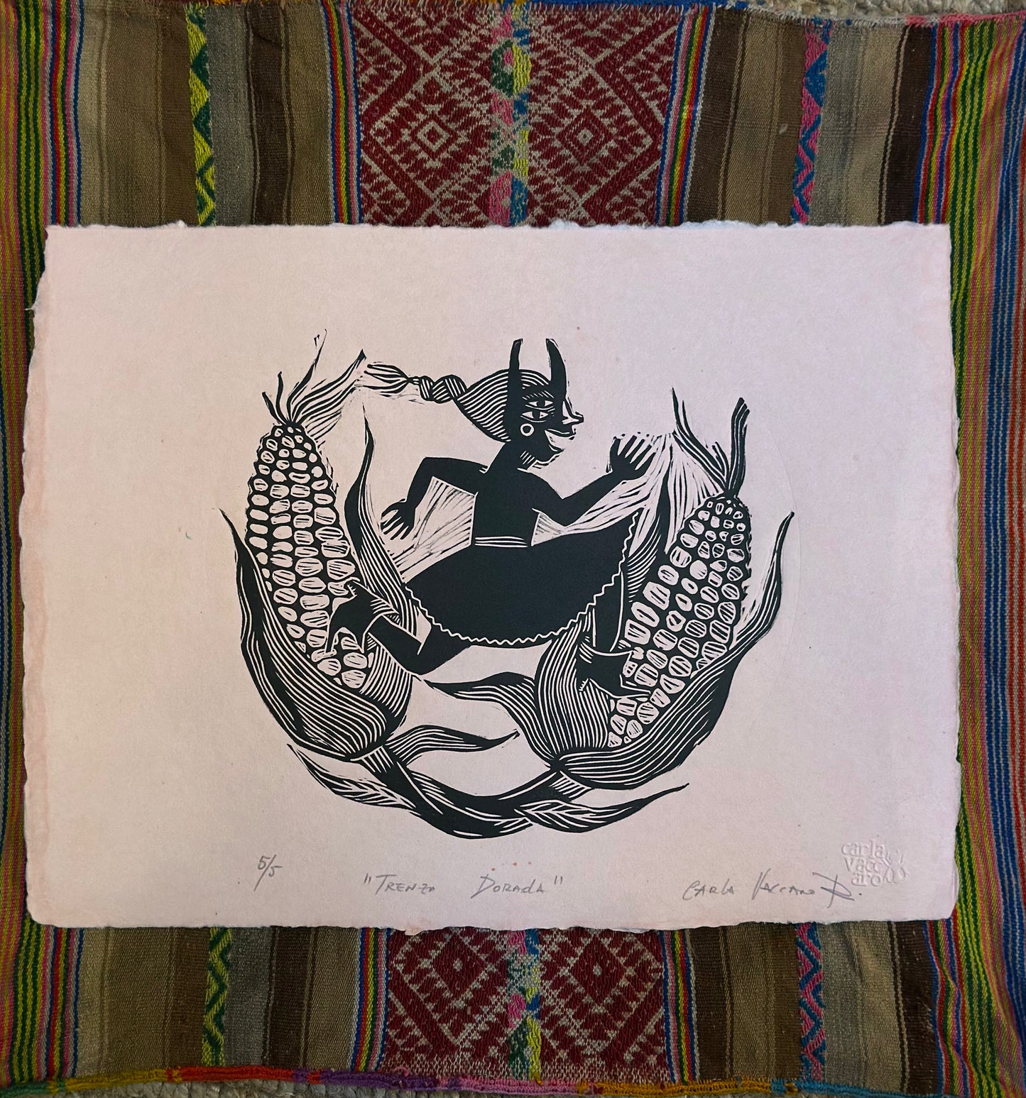 Trenza Dorada - linocut print 11.5" x 15"