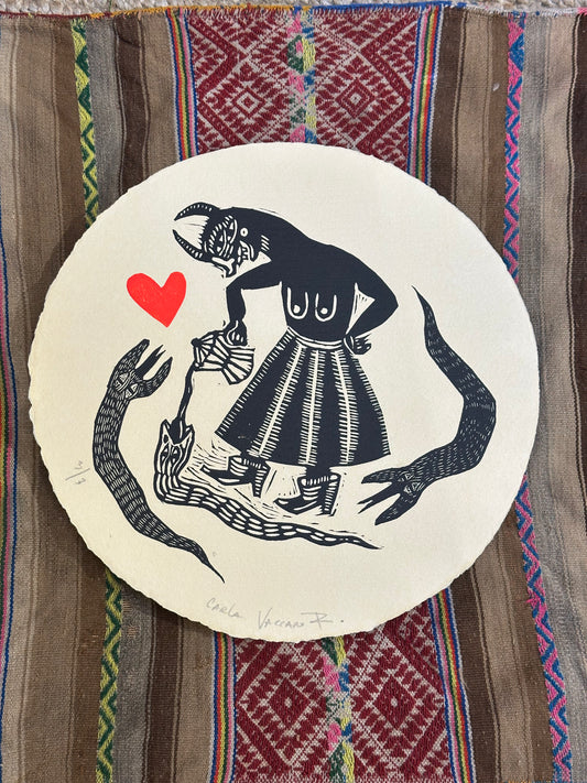 Cafe de la Manana with Heart- Linocut Round Print