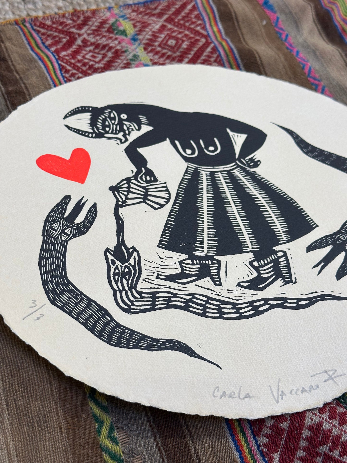 Cafe de la Manana with Heart- Linocut Round Print