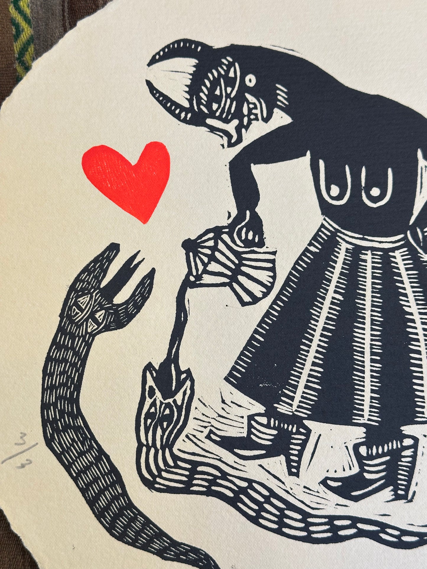 Cafe de la Manana with Heart- Linocut Round Print