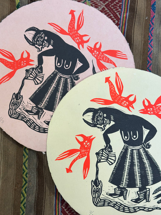 Cafe de la Manana - Linocut Round Print