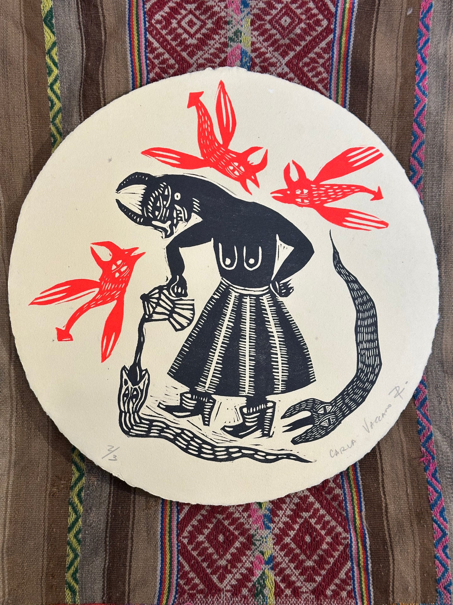 Cafe de la Manana - Linocut Round Print