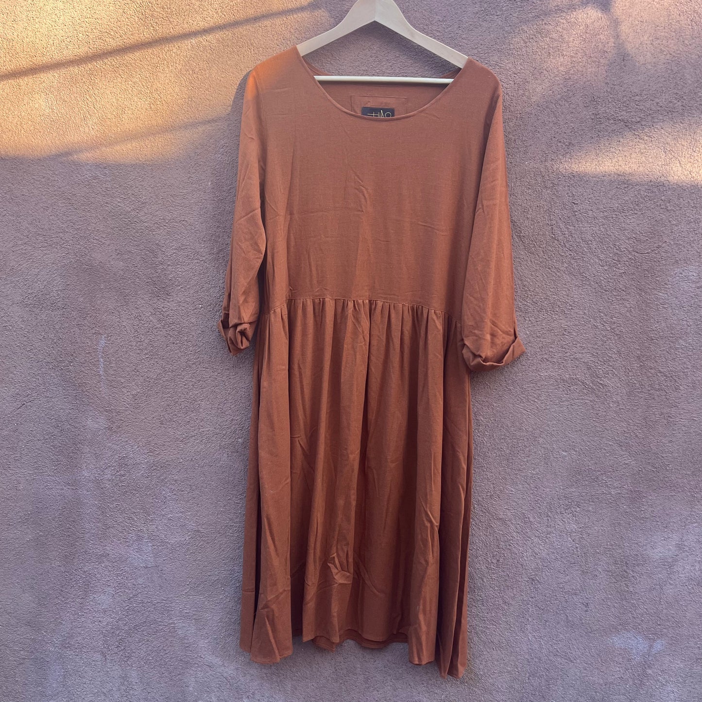 Slip Dress - Rust Linen - Three Quarter Sleeves