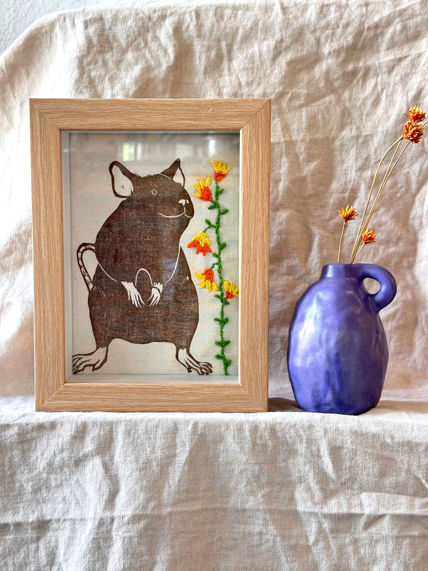 Shadow box ~ mouse ~ embroiderd yellow and orange flowers