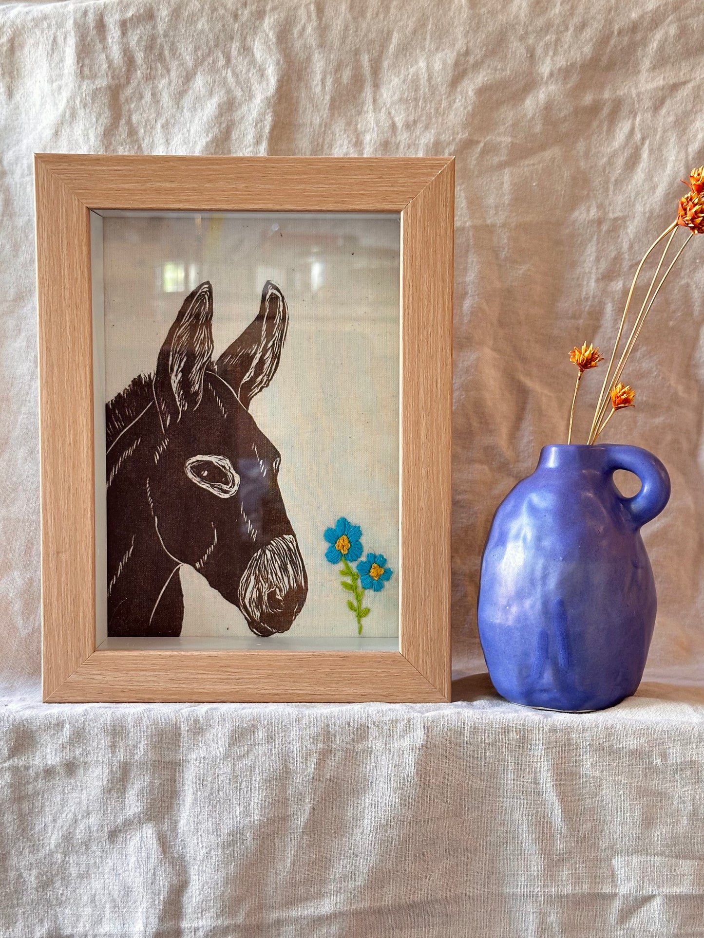 Shadow box ~ donkey ~ embroidery turqouise flowers