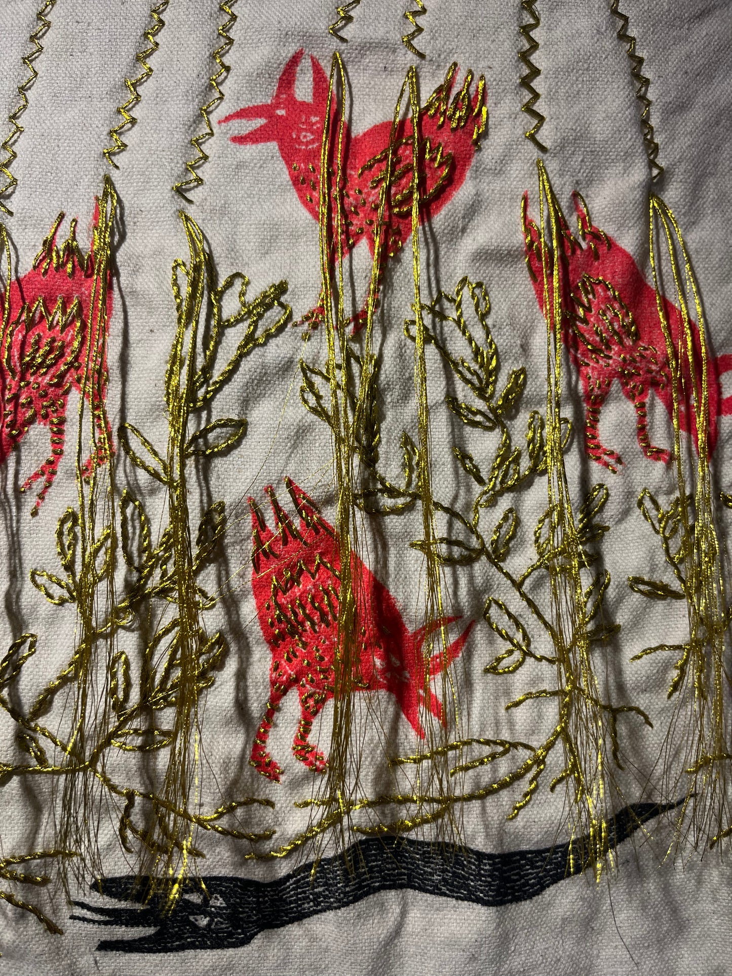 Textile - hand printed fabric finished with hand stitched details