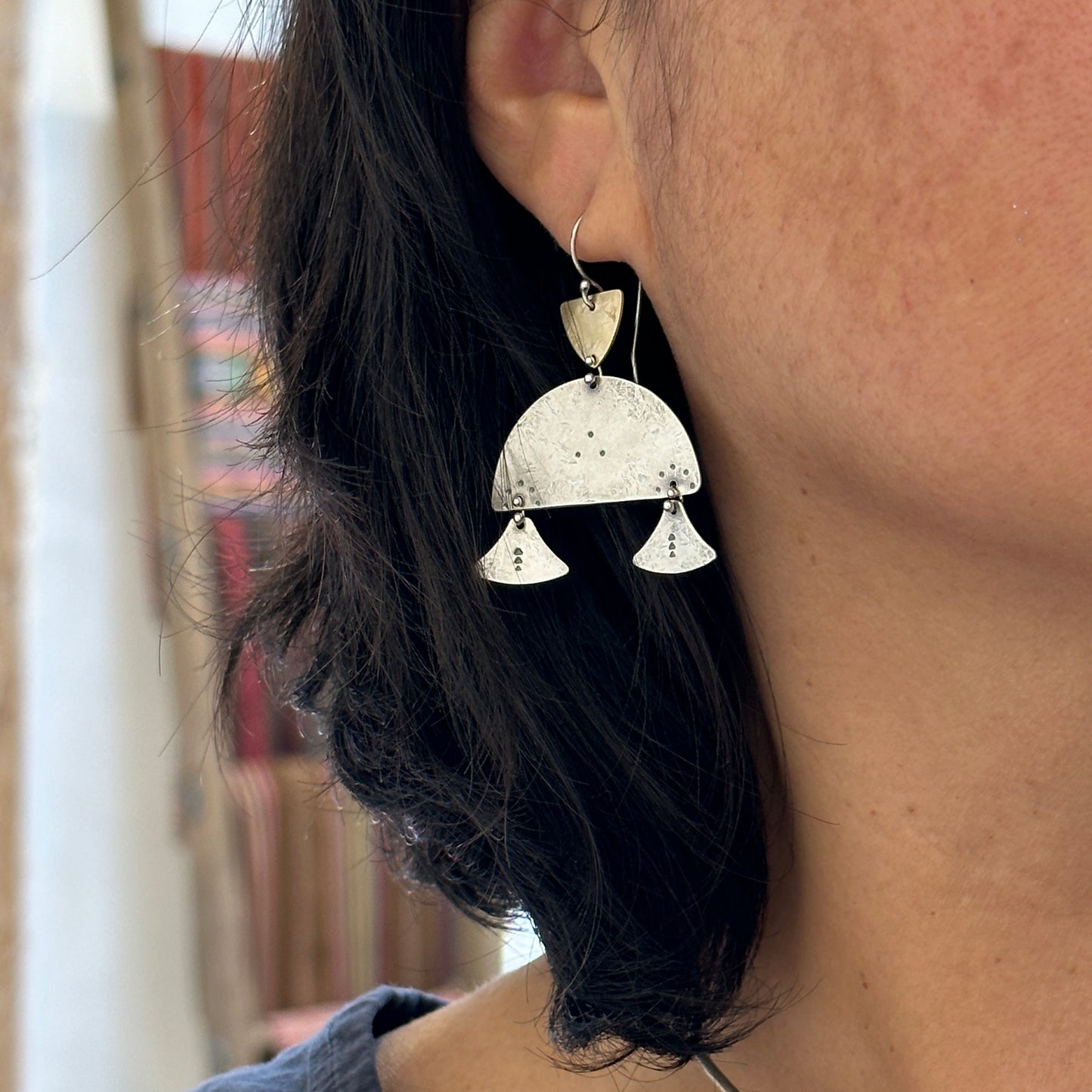 Shield and Moon Dangle Earrings - Brass and Sterling Silver