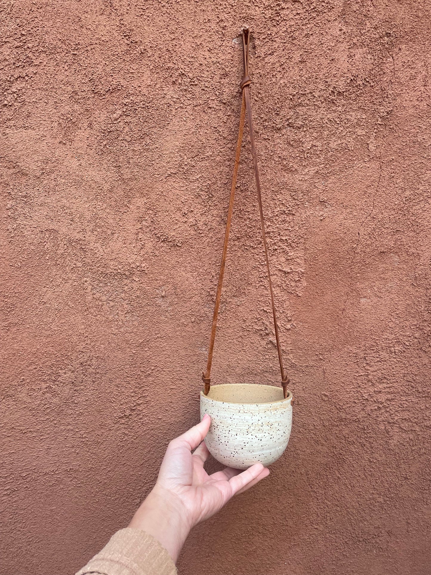 Hanging Speckled Planters ~ stoneware & Leather