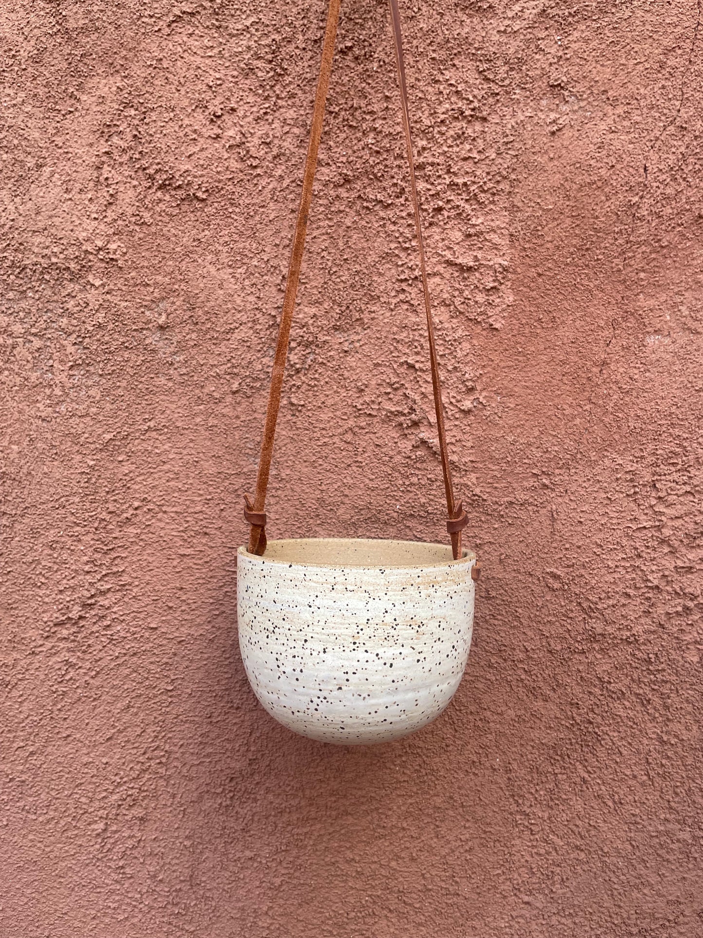 Hanging Speckled Planters ~ stoneware & Leather