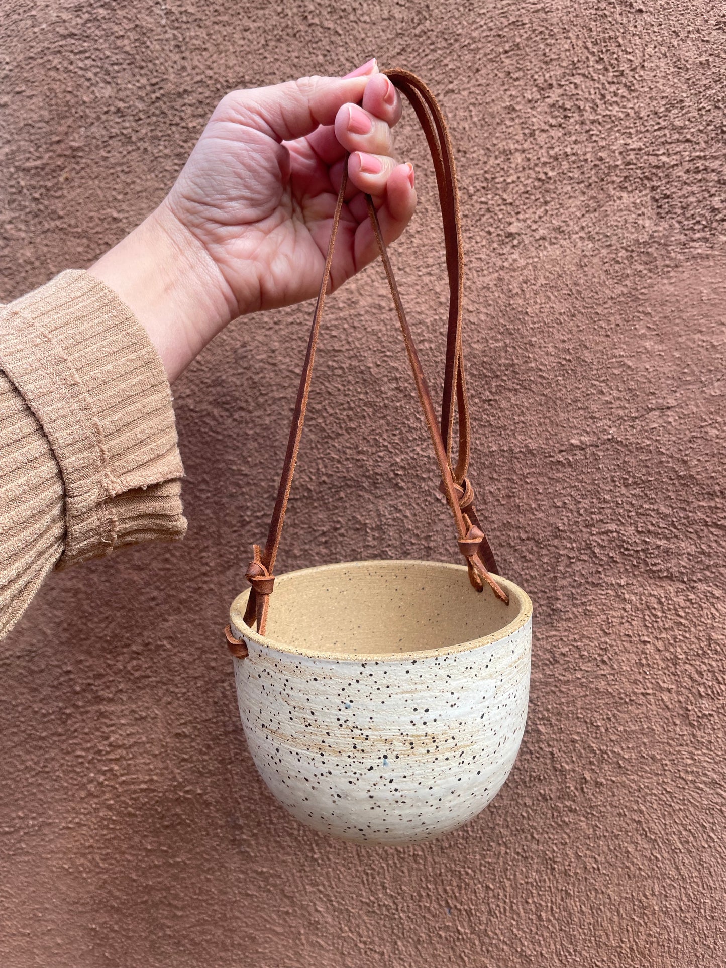 Hanging Speckled Planters ~ stoneware & Leather