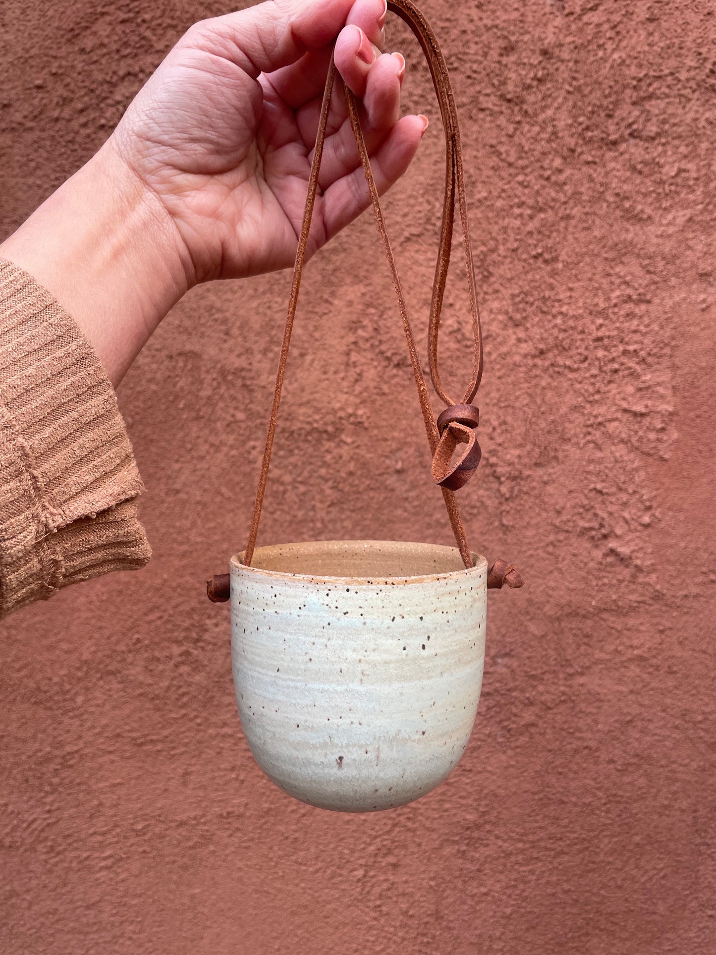 Hanging Speckled Planters ~ stoneware & Leather