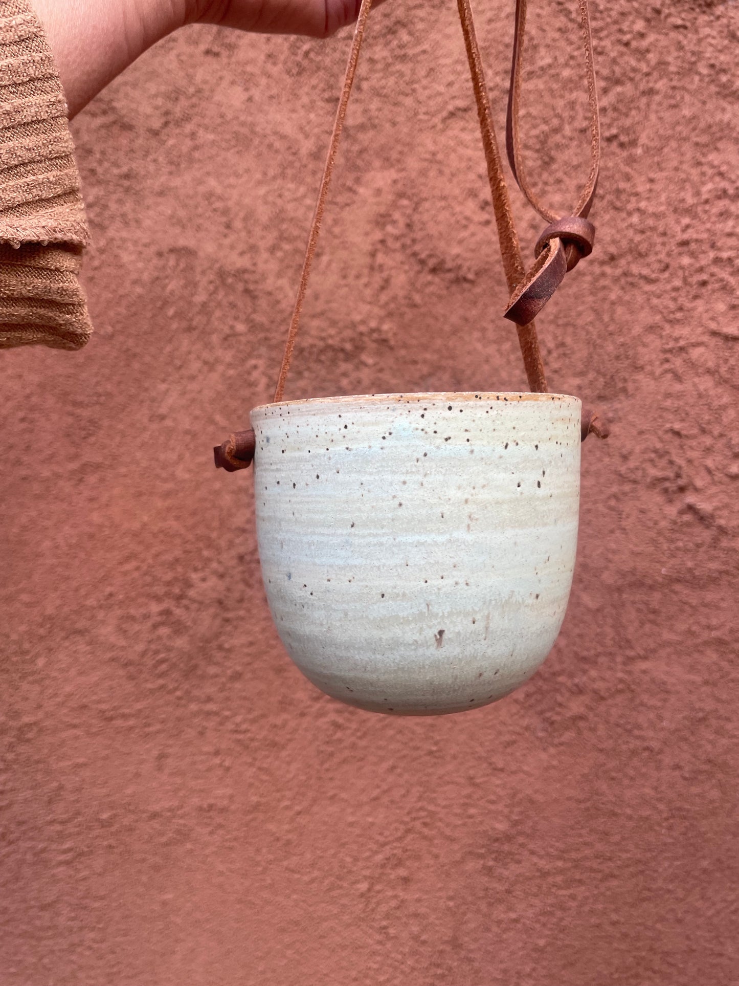 Hanging Speckled Planters ~ stoneware & Leather