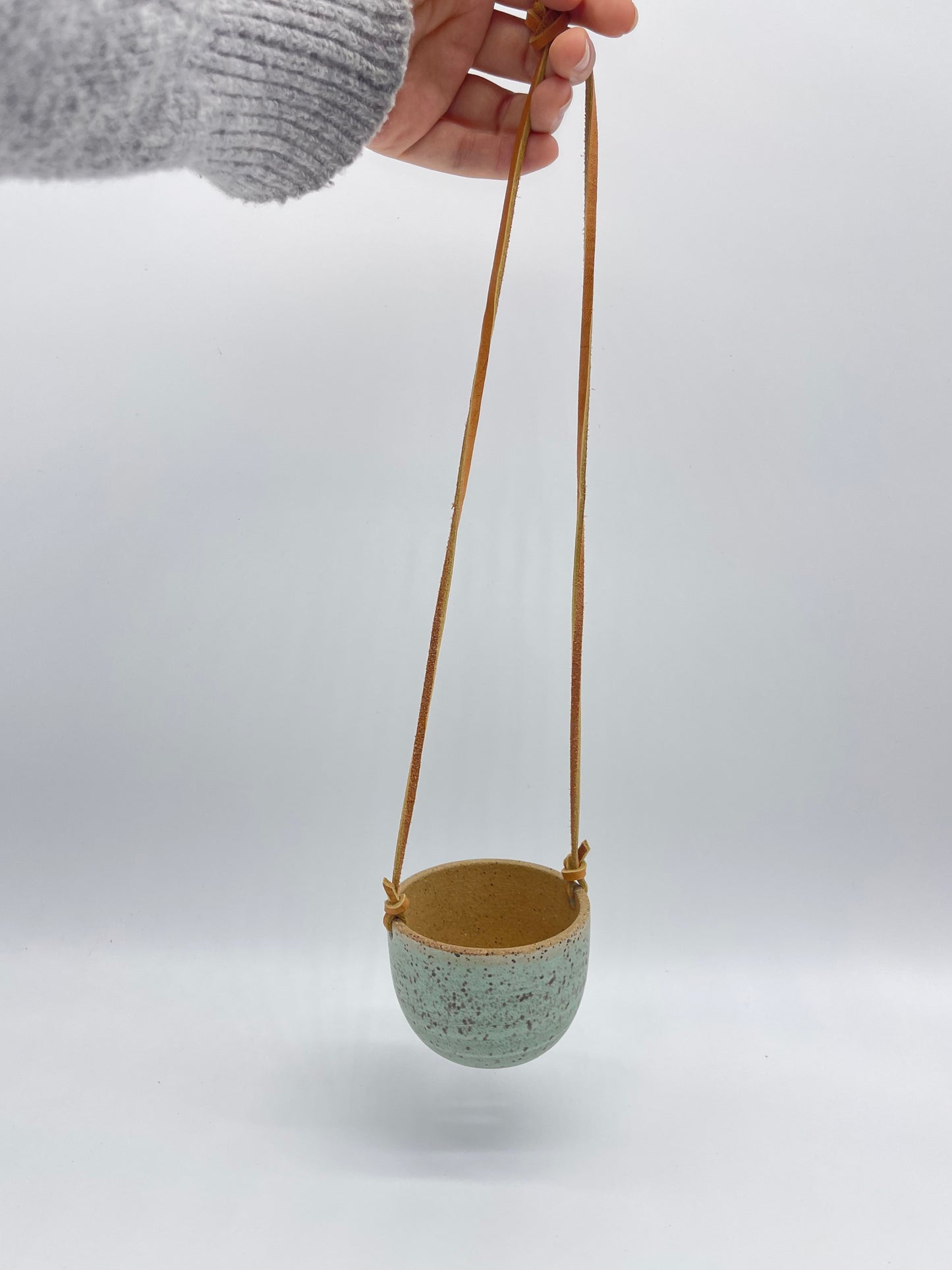 Hanging Speckled Planters ~ stoneware & Leather