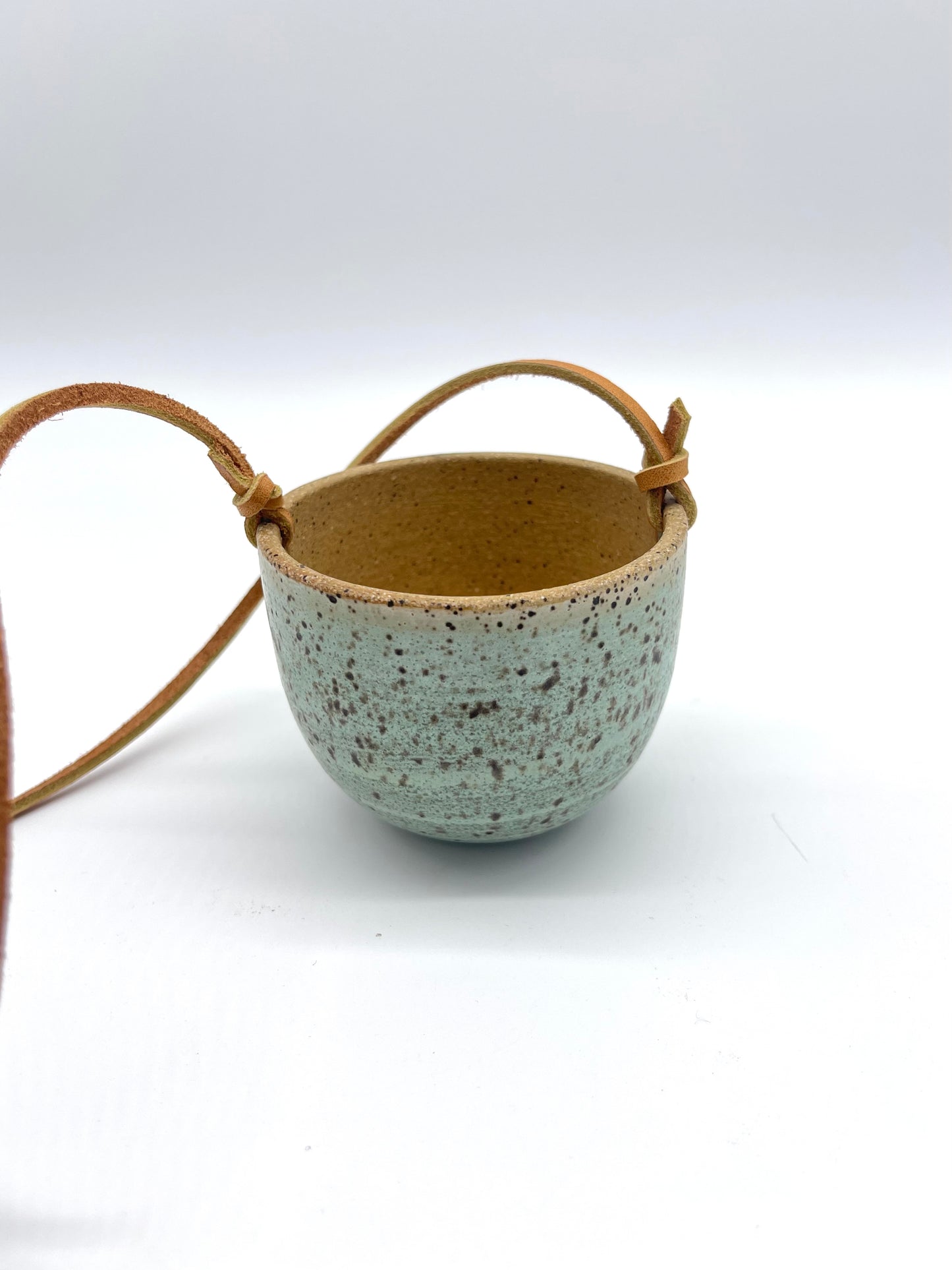 Hanging Speckled Planters ~ stoneware & Leather
