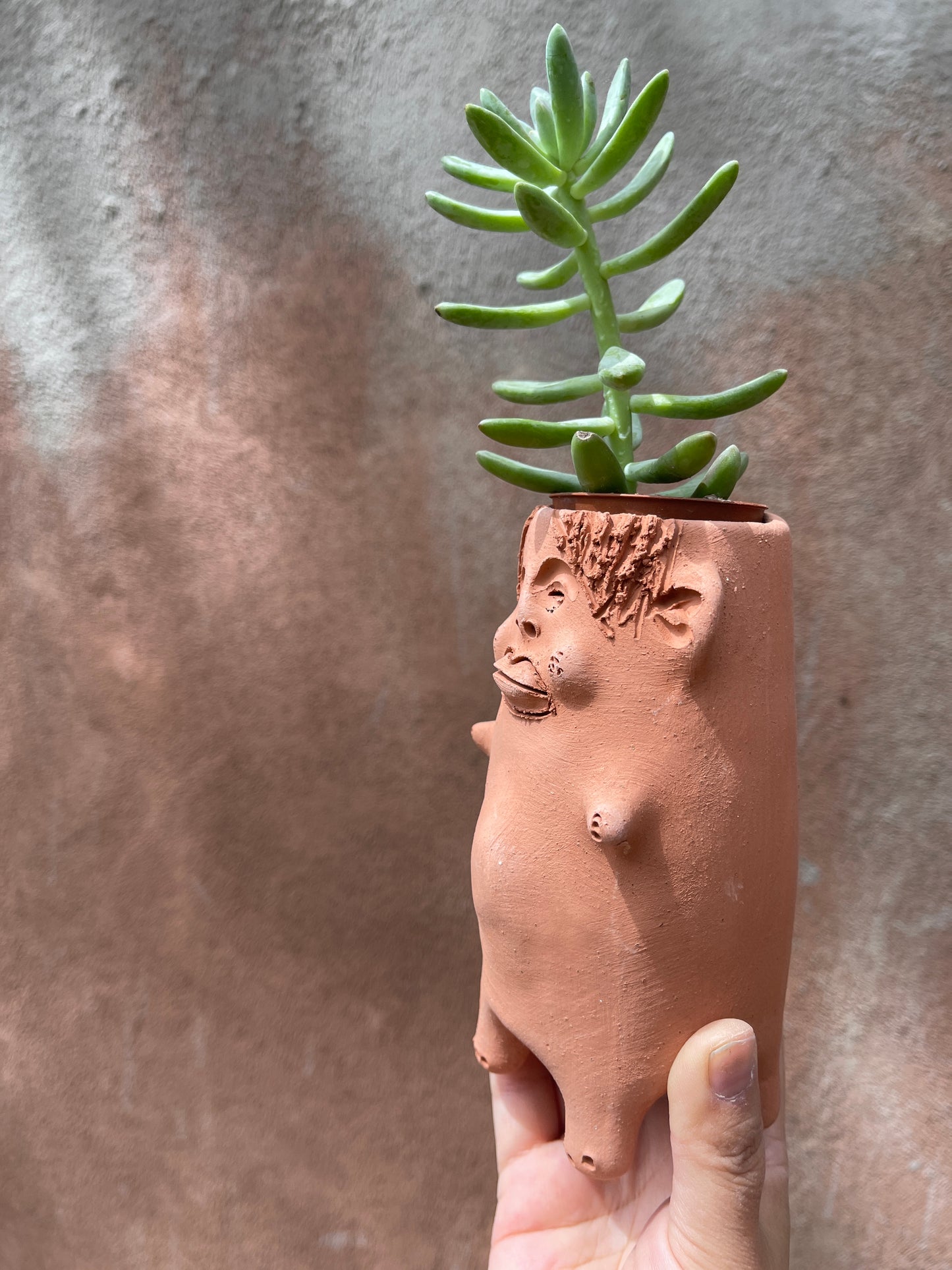 Short Arms ~  Terracota face planter with legs
