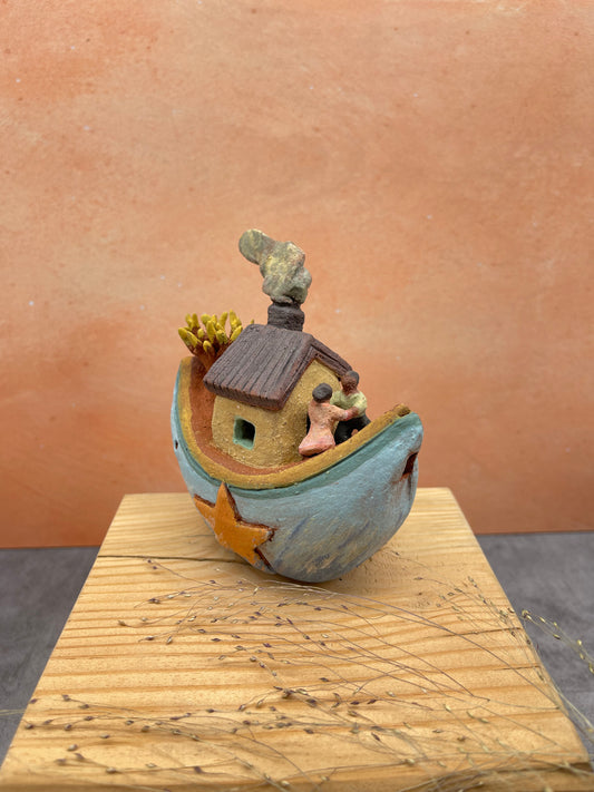 Whistle Boat ~ miniature Sculpture - light blue