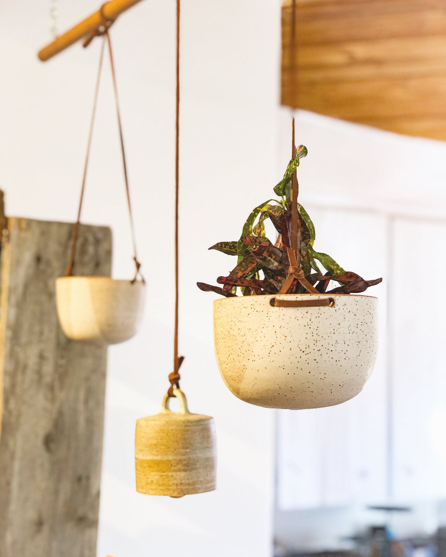 Hanging Speckled Planters ~ stoneware & Leather