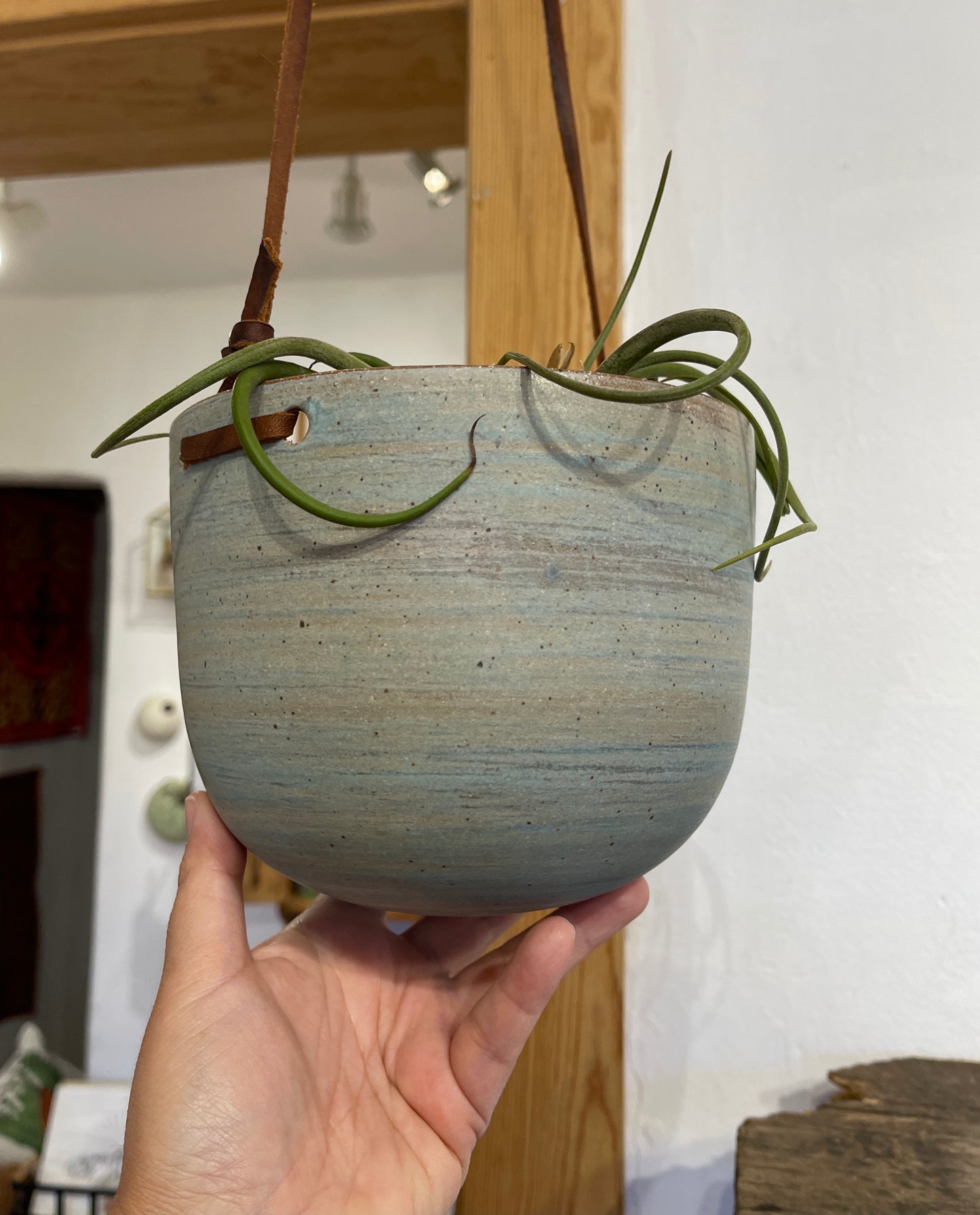 Hanging Speckled Planters ~ stoneware & Leather