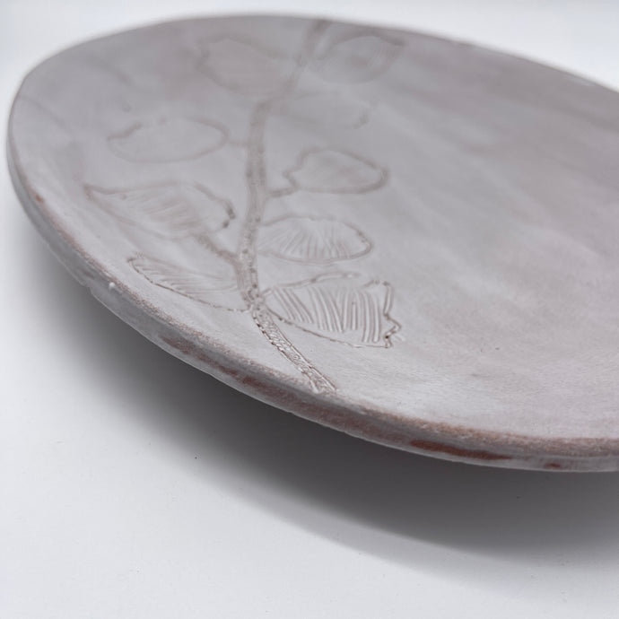 White Oval Platter with leaves engraved