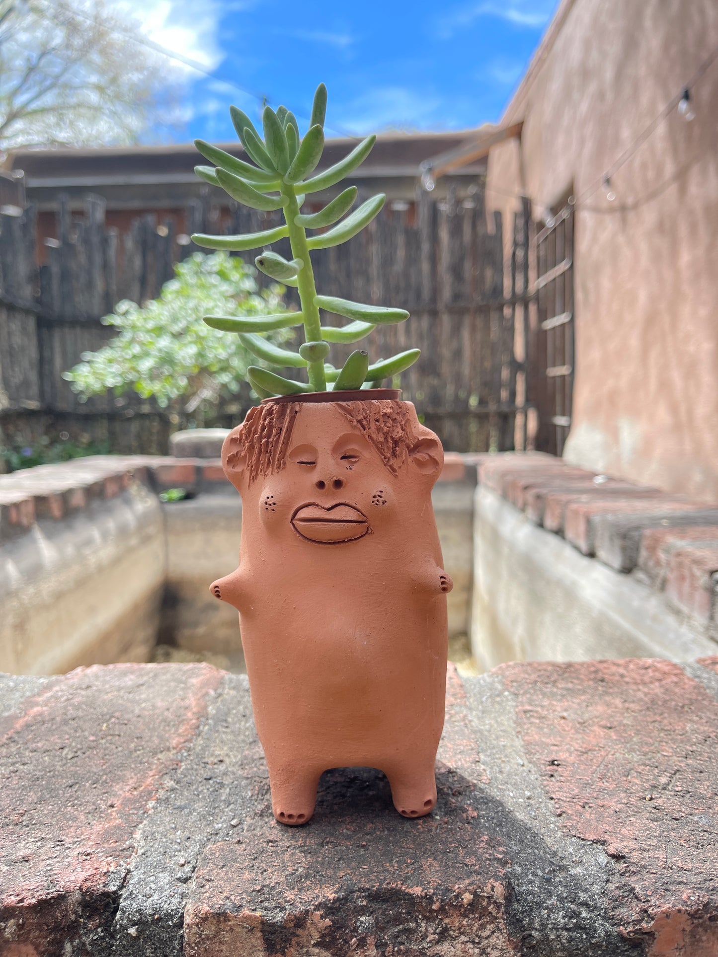 Short Arms ~  Terracota face planter with legs