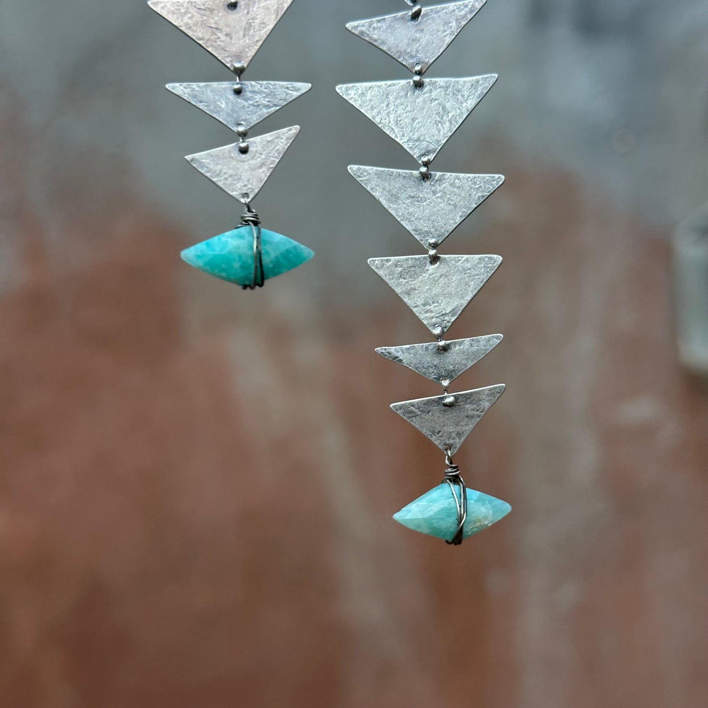 Amazonite and Silver triangles connected earrings